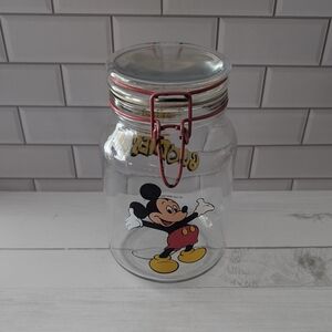 Vintage Disney Mickey Mouse "Goodies" glass jar with a latch lid